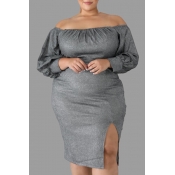 Lovely Casual Slit Grey Knee Length Plus Size Dres