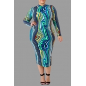 Lovely Casual Printed Blue Knee Length Plus Size D