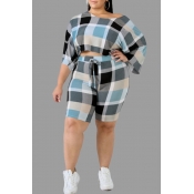 Lovely Casual Plaid Printed Blue Plus Size Two Two