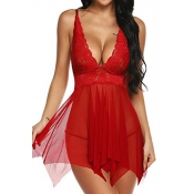 Lovely Sexy Deep V Neck Red Babydolls