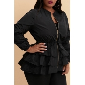 Lovely Casual Flounce Design Black Plus Size Trenc