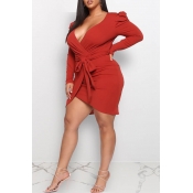 Lovely Casual V Neck Lace-up Red Plus Size Mini Dr