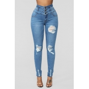 Lovely Casual Broken Holes Baby Blue Jeans