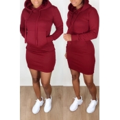 Lovely Casual Hooded Collar Wine Red Mini Dress