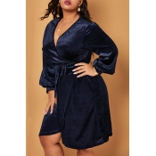 Lovely Trendy V Neck Navy Blue Knee Length Plus Si