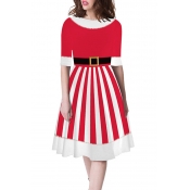Lovely Christmas Day Striped Printed Red Mini Dres