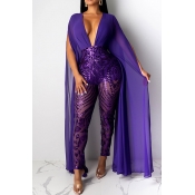 Lovely Chic Cloak Design Patchwork Purple One-piec
