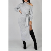 Lovely Casual Side Slit Grey Mid Calf Dress