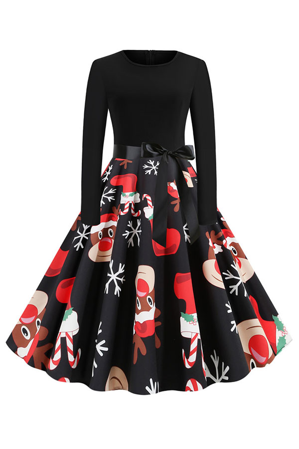

Lovely Christmas Day Printed Black Mid Calf Dress
