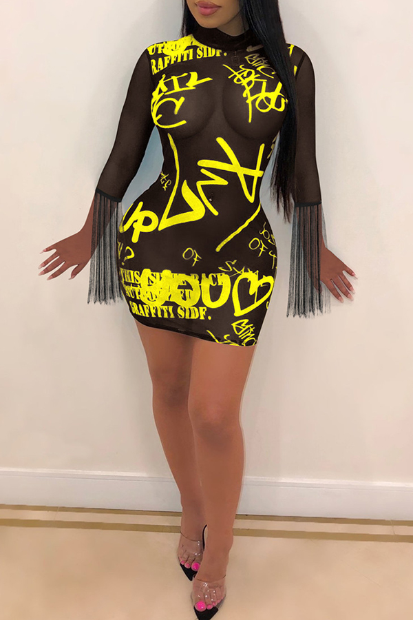 

Lovely Sexy See-through Printed Yellow Mini Dress