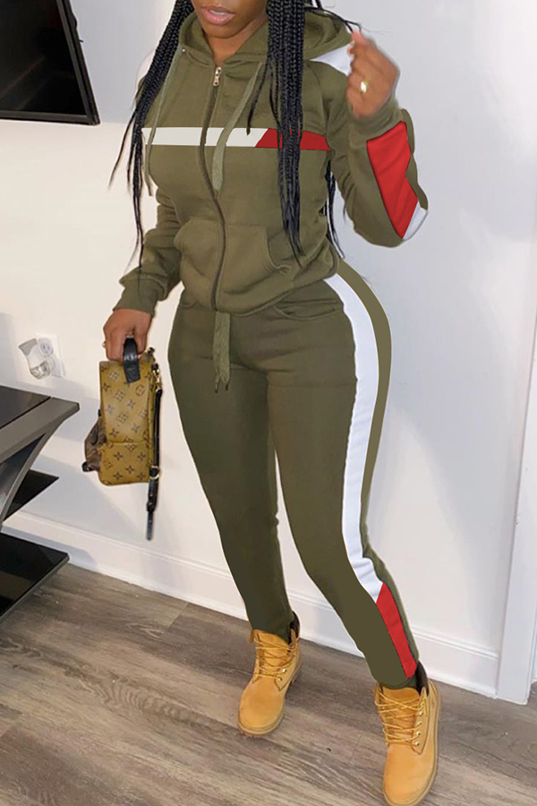 

Lovely Trendy Hooded Collar Patchwork Army Green Two-piece Pants Set