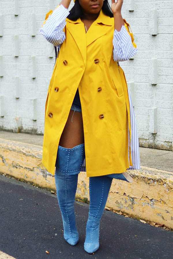 Cheap Trench Coats Lovely Casual Patchwork Buttons Yellow Trench Coat