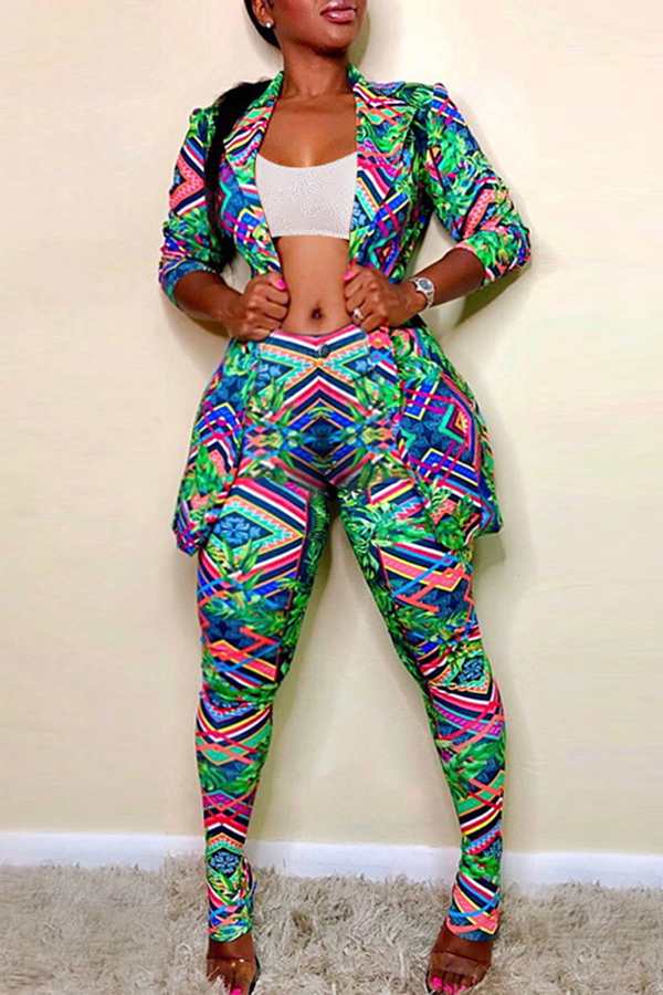 

Lovely Street Turn-back Collar Printed Green Two-piece Pants Set