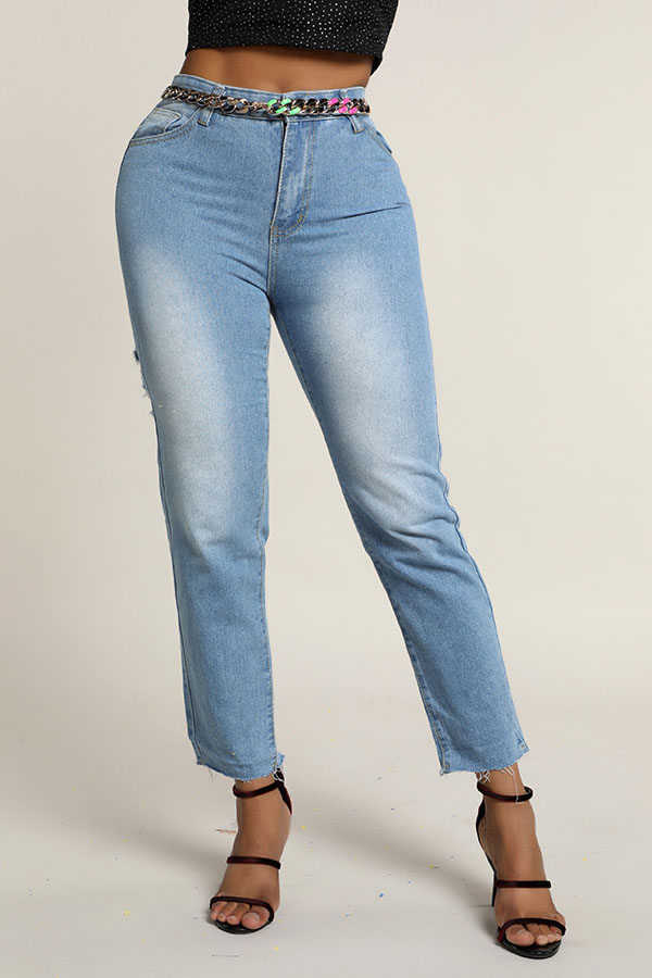 

Lovely Stylish Mid Waist Broken Holes Baby Blue Jeans