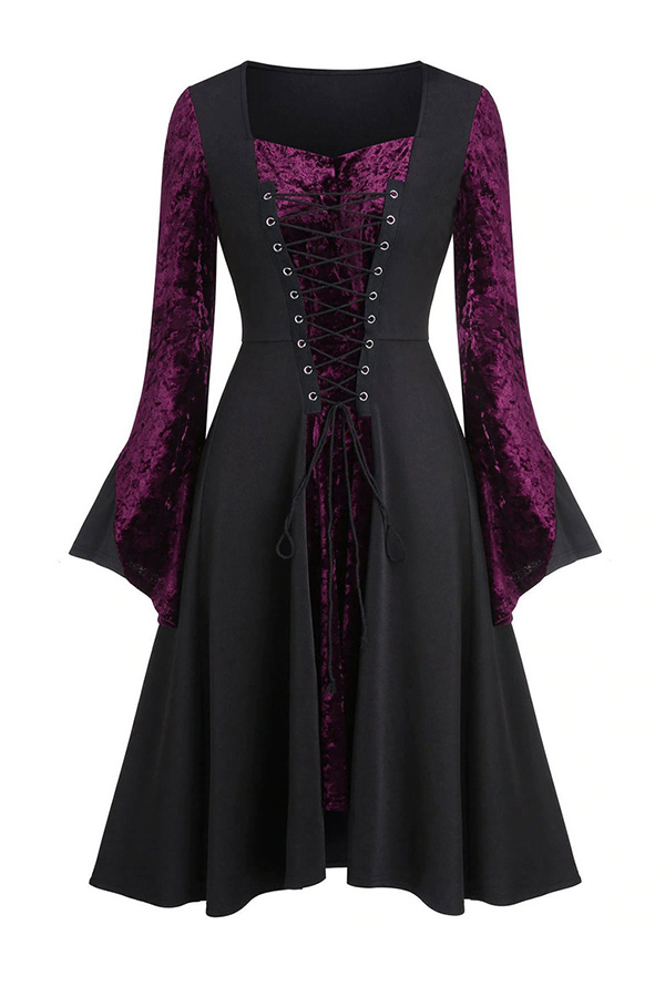 

Lovely Christmas Day V Neck Patchwork Red Knee Length Dress