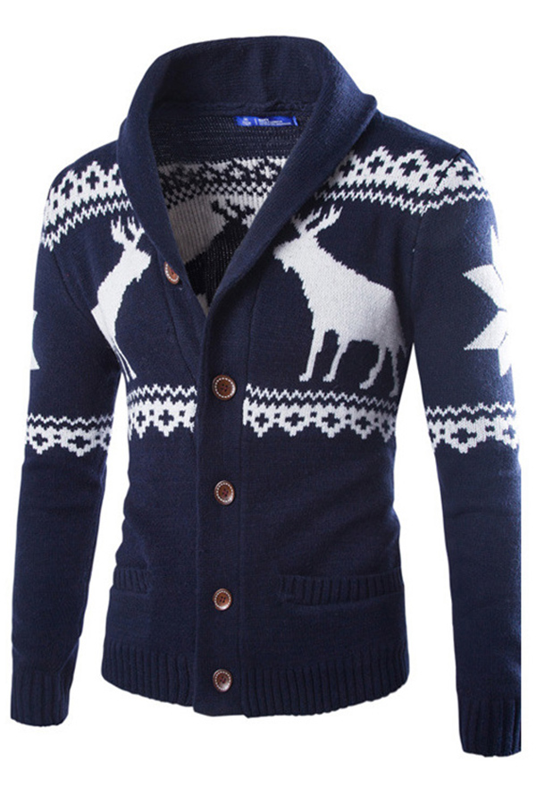 

Lovely Christmas Day Buttons Design Navy Blue Cardigan