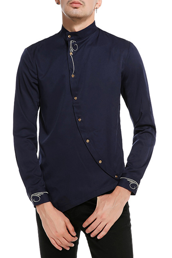 Cheap Shirt Lovely Casual Mandarin Collar Navy Blue Shirt