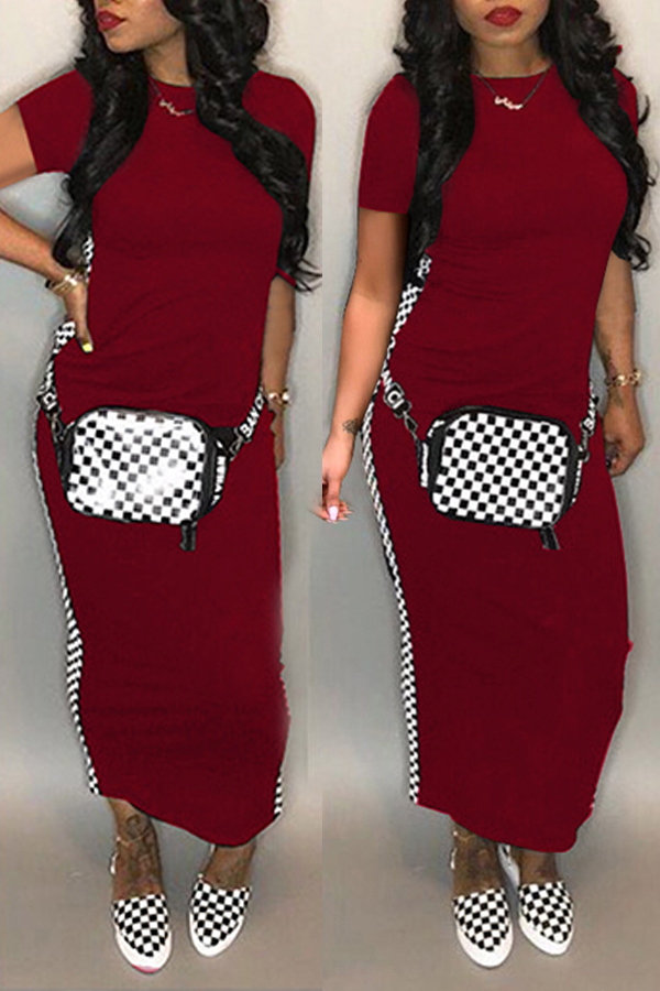 

Lovely Trendy Patchwork Printed Wine Red Ankle Length Dress