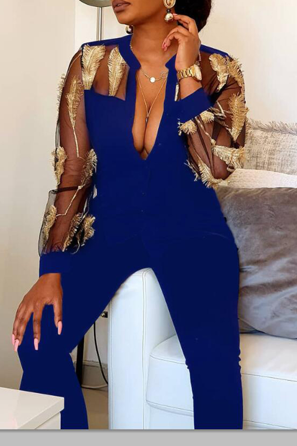 Cheap Jumpsuit Lovely Trendy See-through Patchwork Blue One-piece Jump