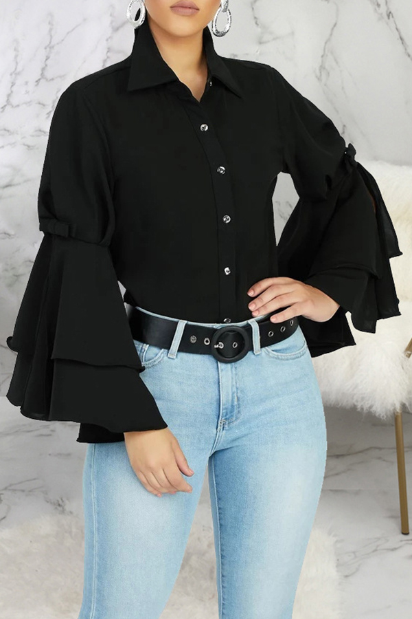 

Lovely Casual Buttons Flounce Design Black Shirt