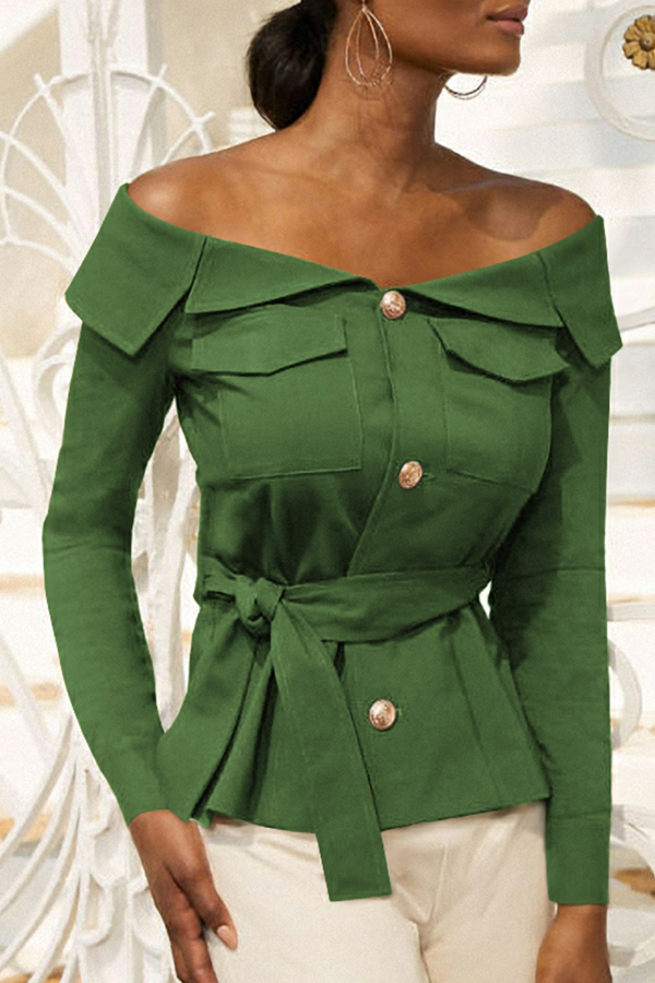 Cheap Blouses&Shirts Lovely Trendy Buttons Design Green Blouse