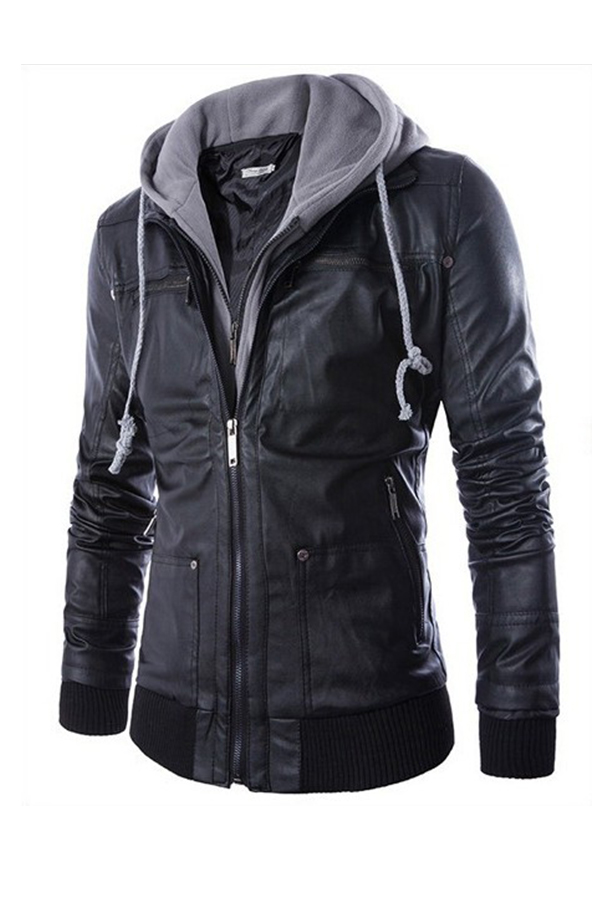 Lovely Casual Hooded Collar Patchwork Black Leather