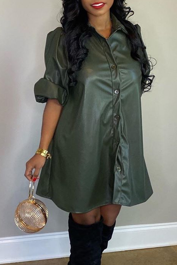 

Lovely Casual Turndown Collar Army Green Mini Dress