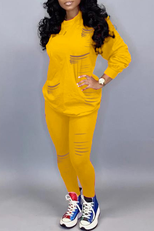 

Lovely Casual Hollow-out Yellow Two-piece Pants Set