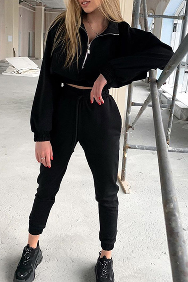 

Lovely Casual Zipper Design Black Two-piece Pants Set