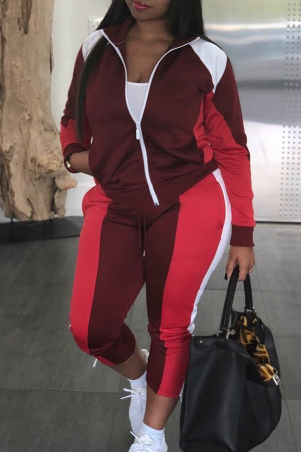 

Lovely Casual Patchwork Wine Red Two-piece Pants Set