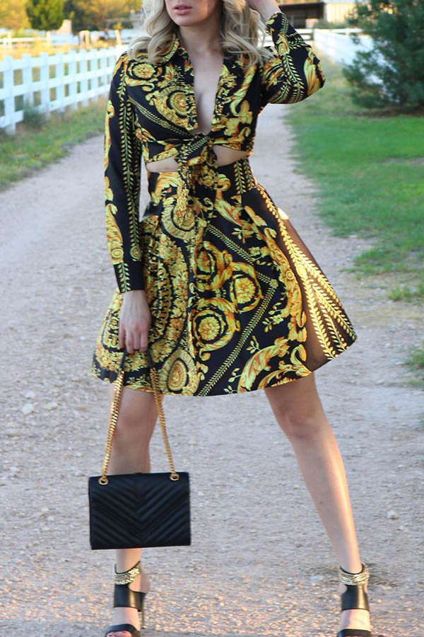 

Lovely Party Turndown Collar Printed Black Two-piece Skirt Set