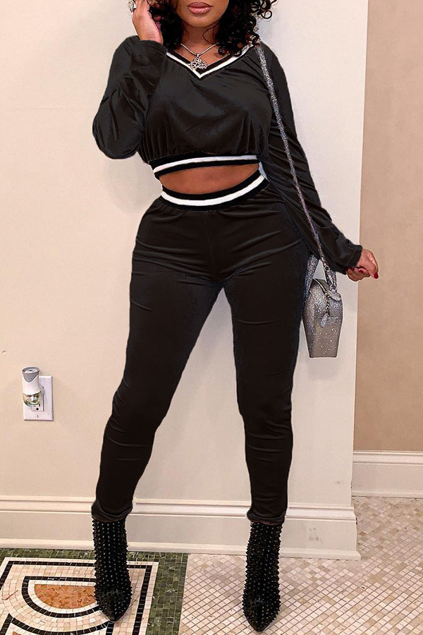 

Lovely Casual V Neck Black Two-piece Pants Set