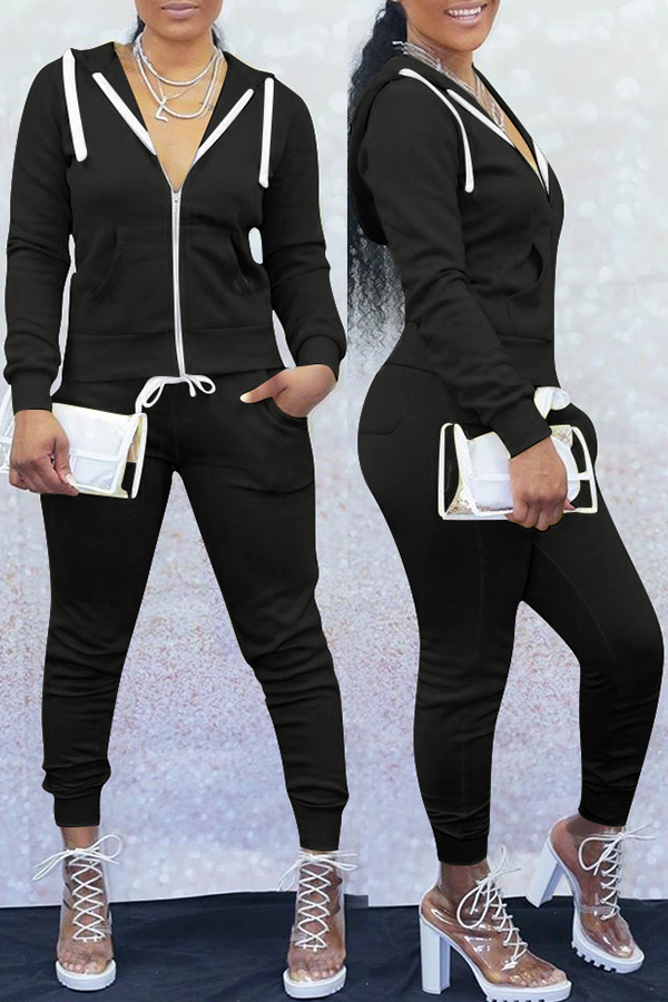 

Lovely Casual Hooded Collar Black Two-piece Pants Set