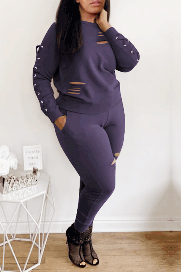 

Lovely Casual Hollow-out Deep Blue Two-piece Pants Set