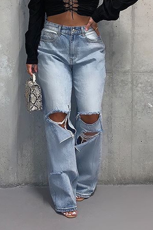 

Lovely Casual Hollow-out Loose Baby Blue Jeans