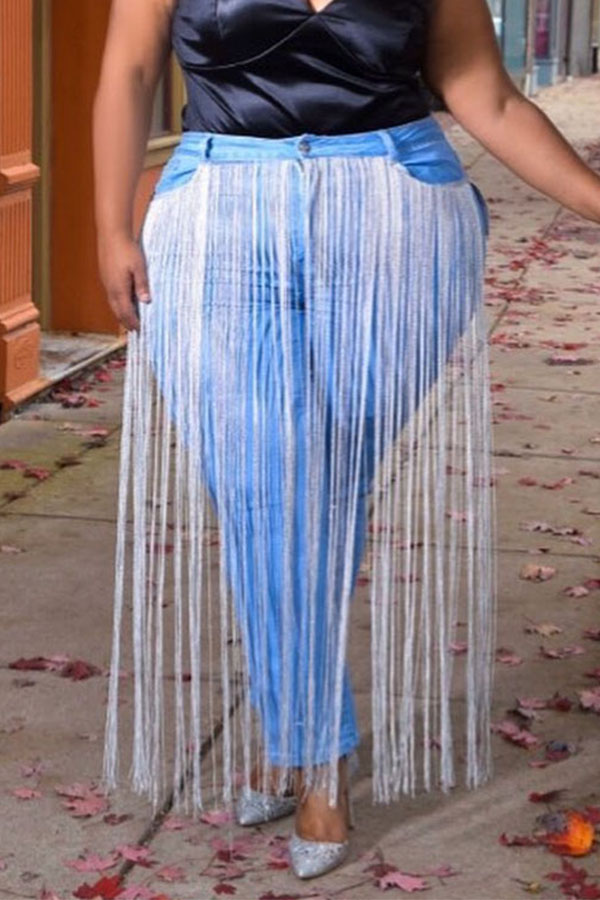 

Lovely Trendy Tassel Design Blue Plus Size Jeans