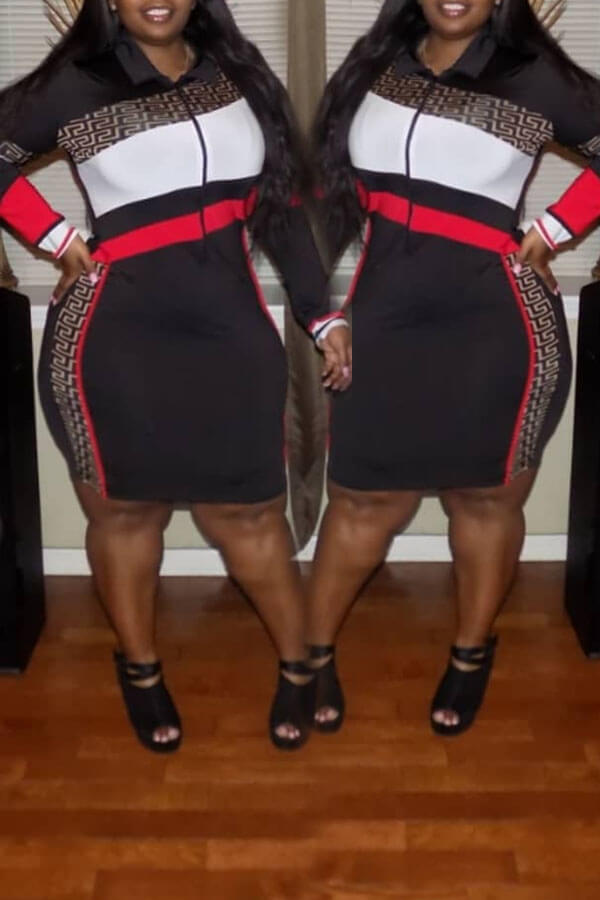 

Lovely Casual Patchwork Black Knee Length Plus Size Dress