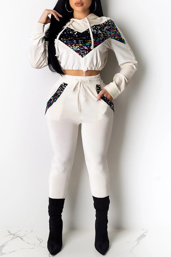 

Lovely Casual Hooded Collar Patchwork White Two-piece Pants Set