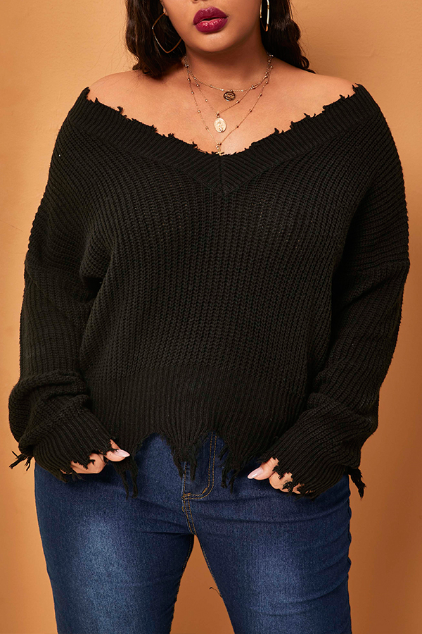 Lovely Casual V Neck Tassel Design Black Plus Size Sweater