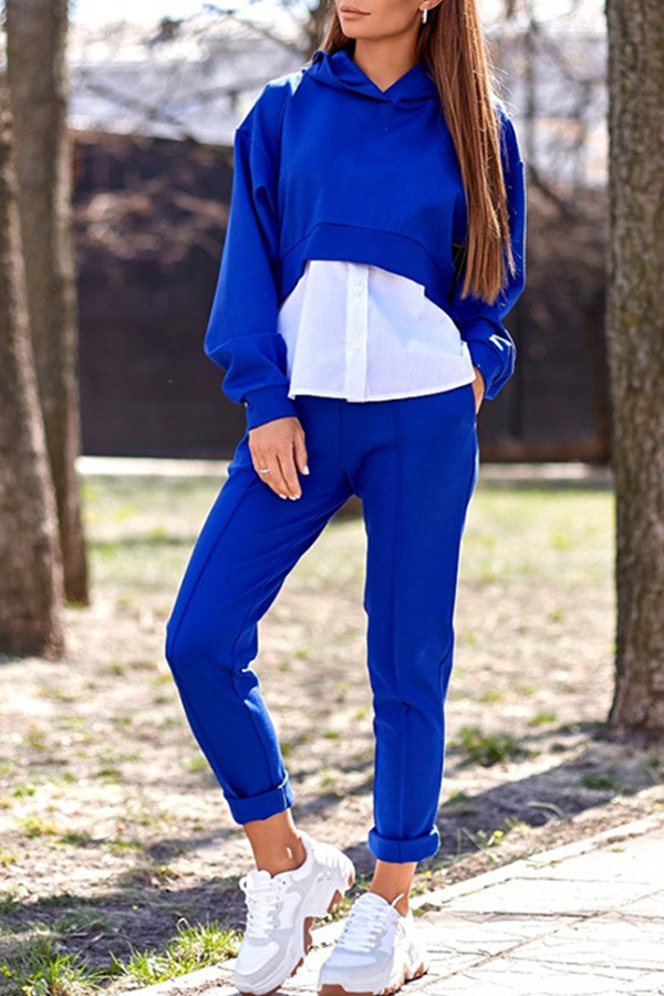 

Lovely Casual Patchwork Blue Two-piece Pants Set