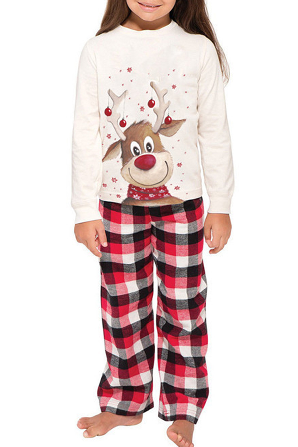 

Lovely Family Christmas Deer Printed Creamy White Girls Two-piece Pants Set, Ke-bai mi