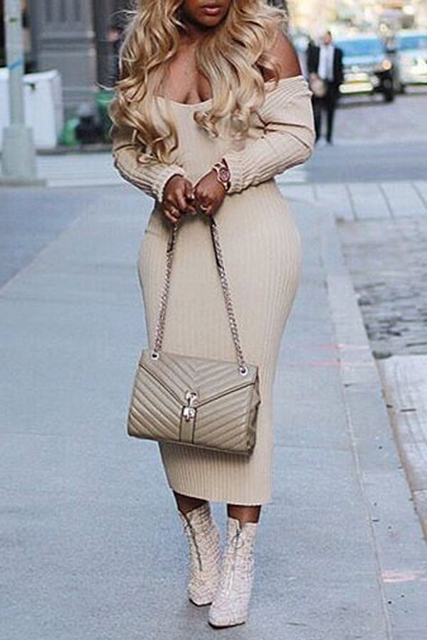 Lovely Casual Dew Shoulder Apricot Ankle Length Dress