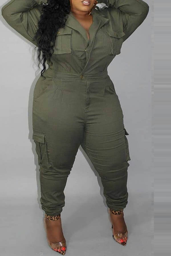 Lovely Casual Buttons Design Army Green Plus Size One-piece Jumpsuit ...