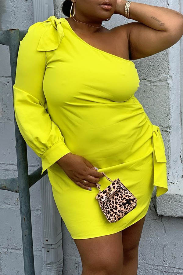 Cheap Plus Size Dress Lovely Casual One Shoulder Yellow Mini Dress