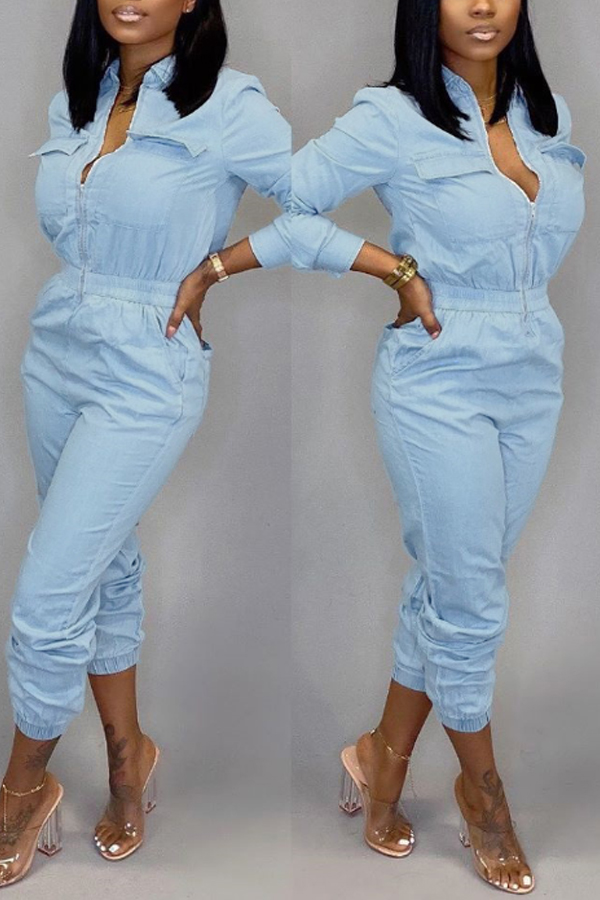 Cheap Jumpsuit Lovely Casual Zipper Design Baby Blue One-piece Jumps