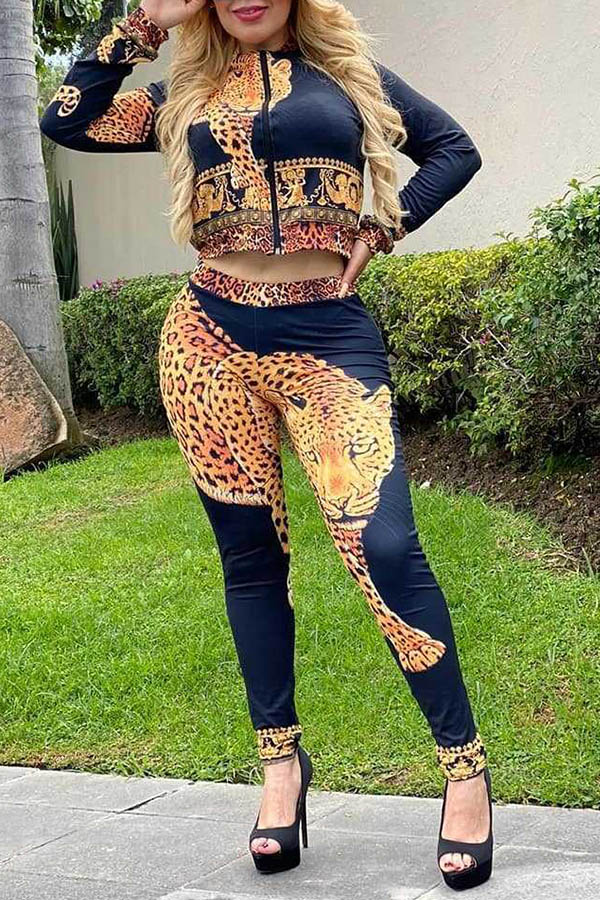 

Lovely Casual Mandarin Collar Printed Dark Blue Two-piece Pants Set