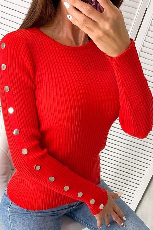 

Lovely Leisure O Neck Buttons Red Sweater