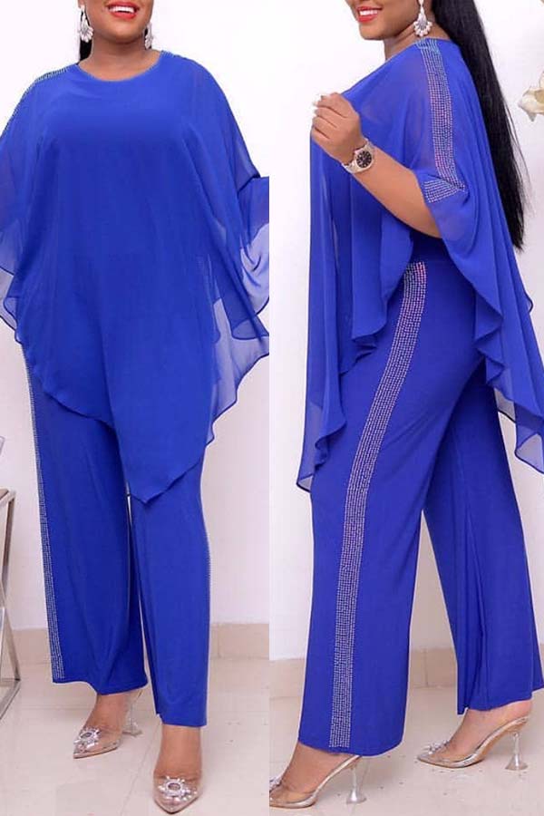 

Lovely Casual Cloak Design Blue Plus Size Two-piece Pants Set