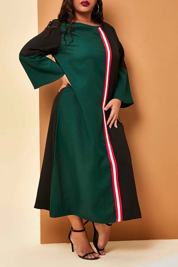 

Lovely Casual Patchwork Green Mid Calf Plus Size Dress