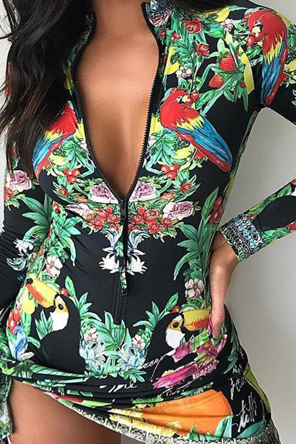

Lovely Casual Turndown Collar Printed Black Mini Dress